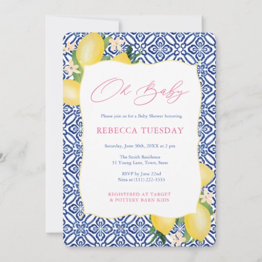Oh Baby Positano Lemons Pink Girl Baby Dusche Einladung (Vorderseite)