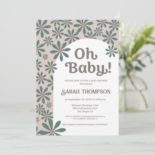 Oh baby Retro Boho Daisy Blume arch baby Dusche Einladung (Stehend Vorderseite)
