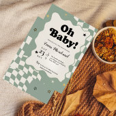 Oh Baby! Retro Checkered Sage Green Baby Shower  Einladung