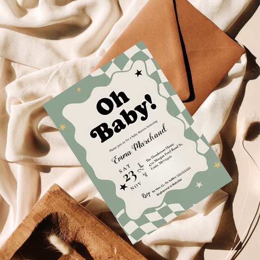 Oh Baby! Retro Checkered Sage Green Baby Shower  Einladung