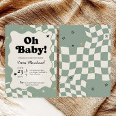 Oh Baby! Retro Checkered Sage Green Baby Shower  Einladung