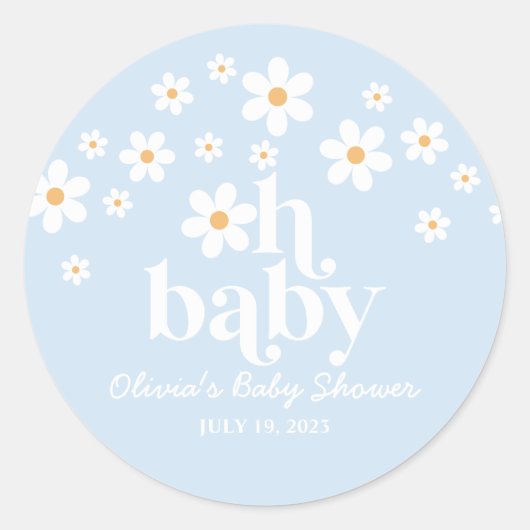Oh, Baby! Retro Daisy Blue Boho Baby Dusche Runder Aufkleber (Vorderseite)