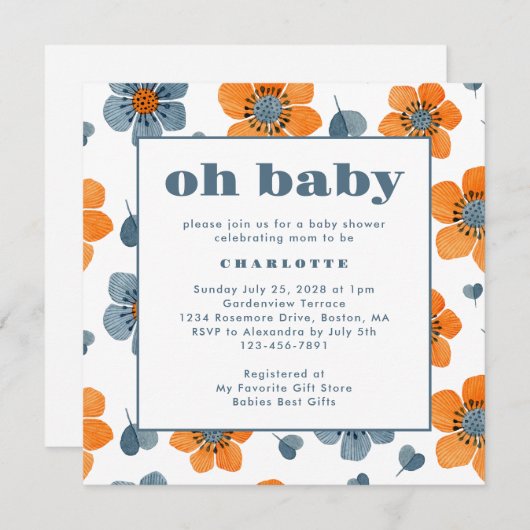 Oh Baby Retro Floral Orange Blue Baby Dusche Einladung (Vorne/Hinten)