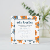 Oh Baby Retro Floral Orange Blue Baby Dusche Einladung (Stehend Vorderseite)