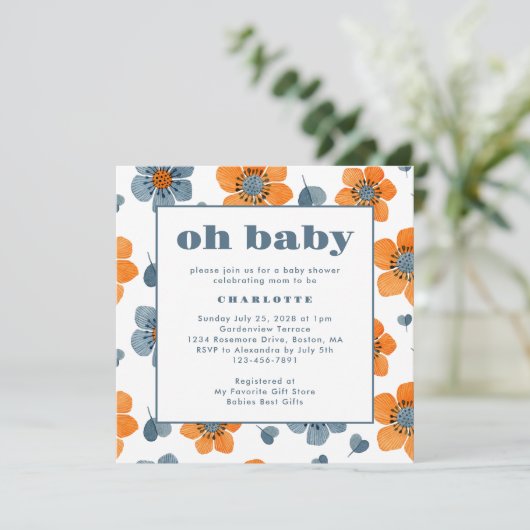 Oh Baby Retro Floral Orange Blue Baby Dusche Einladung (Stehend Vorderseite)