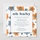 Oh Baby Retro Floral Orange Blue Baby Dusche Einladung (Vorderseite)