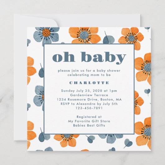 Oh Baby Retro Floral Orange Blue Baby Dusche Einladung (Vorderseite)