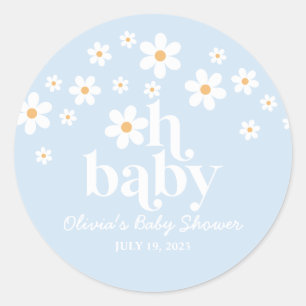 Oh Baby! Retro-Gänseblümchen-blaue Boho-Baby-Party Runder Aufkleber