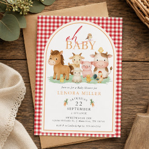 Oh Baby! Rot-Gingham-Bauernhoftier-Baby-Party Einladung