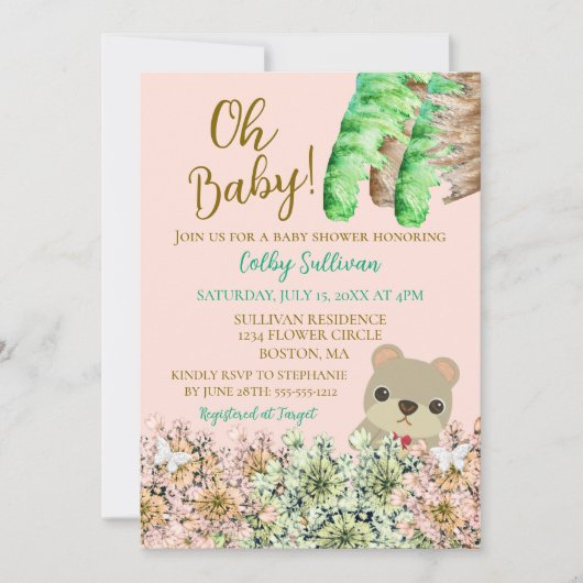 Oh Baby Rustic Greenery Teddy Bear Baby Dusche Einladung (Vorderseite)