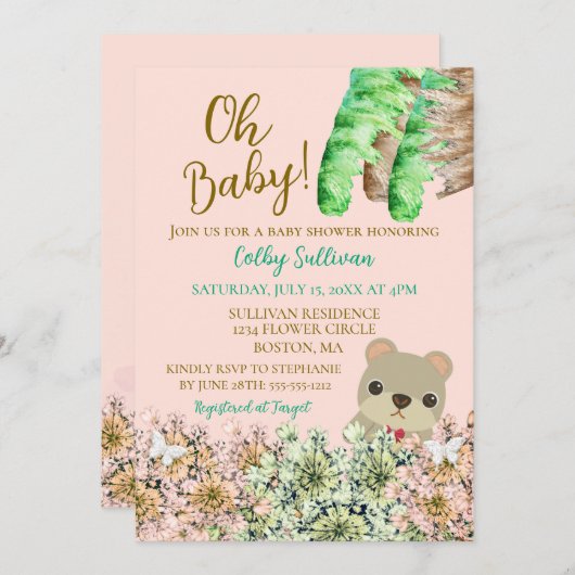 Oh Baby Rustic Greenery Teddy Bear Baby Dusche Einladung (Vorne/Hinten)