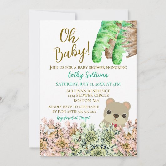 Oh Baby Rustic Greenery Teddy Bear Baby Dusche Einladung (Vorderseite)