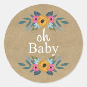 Oh, Baby! Rustic Kraft Blumenkleider Baby Dusche Runder Aufkleber (Vorderseite)
