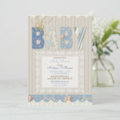 Oh Baby Rustic Wood Lace Blue Elvory Junge Einladung (Stehend Vorderseite)