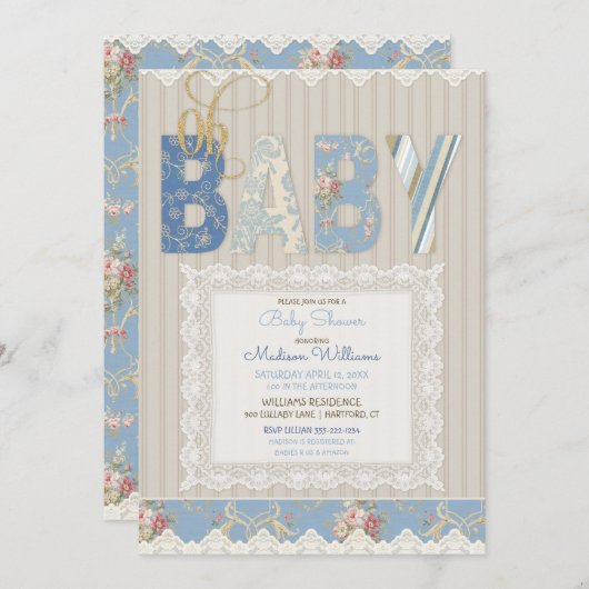 Oh Baby Rustic Wood Lace Blue Elvory Junge Einladung (Vorne/Hinten)