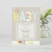 Oh Baby Rustic Wood Lace Gender Neutral Yellow Einladung (Stehend Vorderseite)
