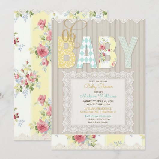 Oh Baby Rustic Wood Lace Gender Neutral Yellow Einladung (Vorne/Hinten)