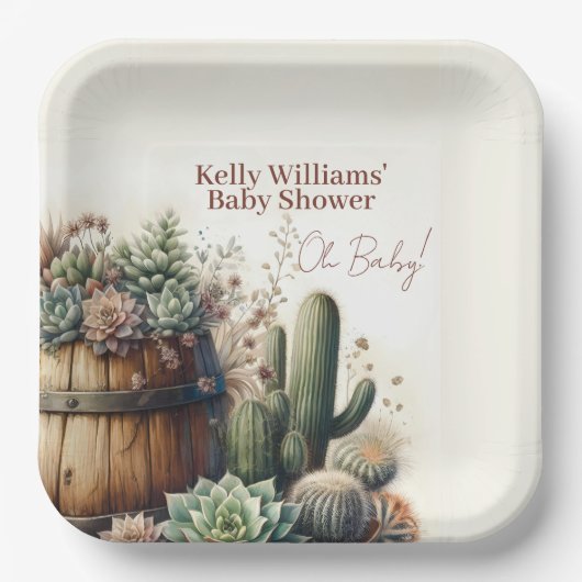 Oh, Baby! rustikale Sukkulturen & Kakti Babydusche Pappteller (Vorderseite)