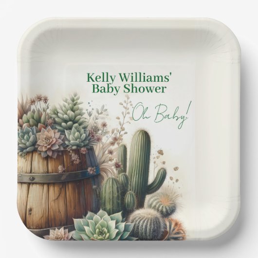 Oh, Baby! rustikale Sukkulturen & Kakti Babydusche Pappteller (Vorderseite)