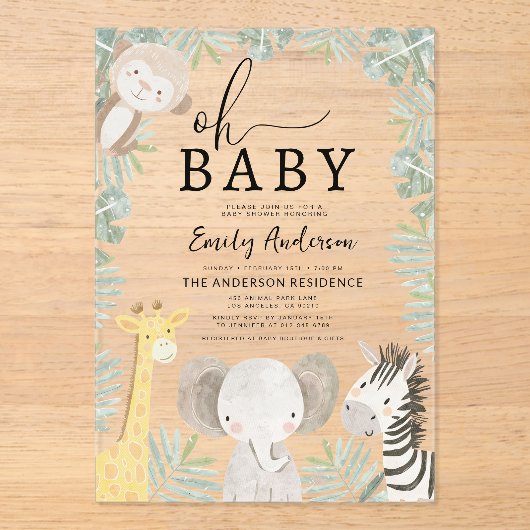 Oh Baby Safari Animal Boy's Baby Shower Acryleinladungen (Vorderseite)