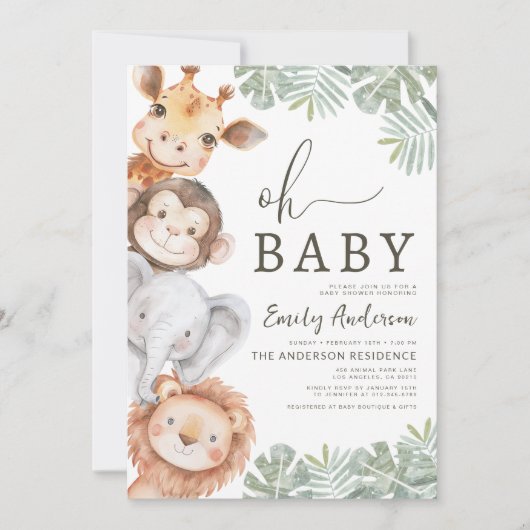 Oh Baby Safari Animal Boy's Baby Shower Einladung (Vorderseite)