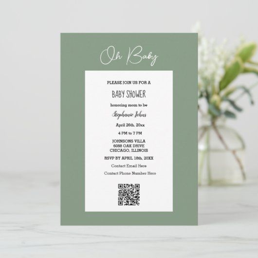 Oh Baby Sage Green Baby Dusche QR Code Skript Einladung (Stehend Vorderseite)