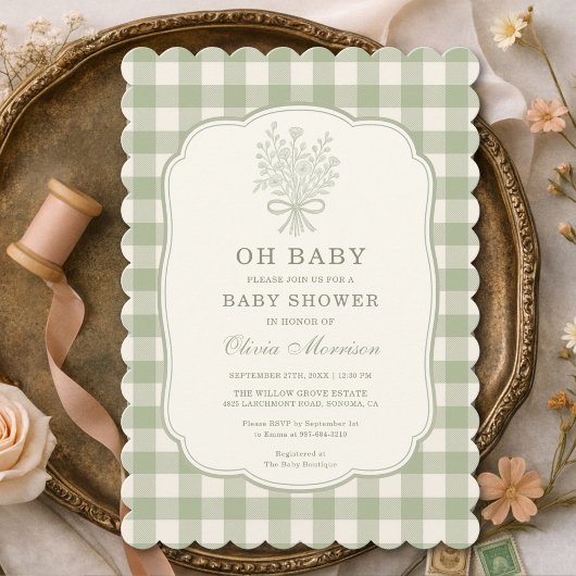 Oh Baby Sage Green Gingham Baby Shower Einladung