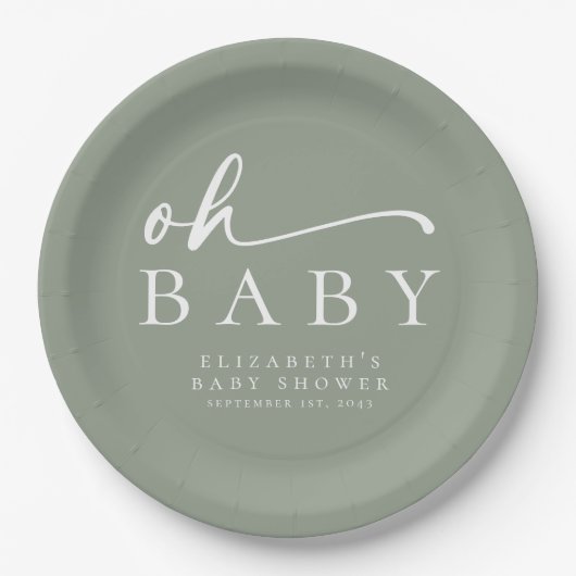 Oh Baby Sage Green Minimalistisch Baby Dusche Pappteller (Vorderseite)