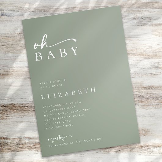 Oh Baby Sage Green Minimalistisch Script Baby Dusc Einladung