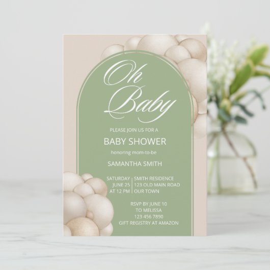 Oh Baby Salbeige Ballonbogen minimalistisch schlic Einladung (Stehend Vorderseite)