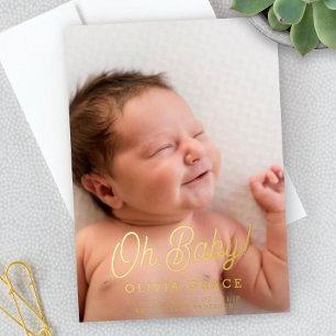 Oh Baby! Schriftzug Goldfolie Foto Geburtsanzeige Folieneinladung