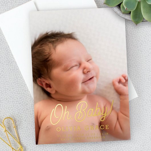 Oh Baby! Schriftzug Goldfolie Foto Geburtsanzeige Folieneinladung