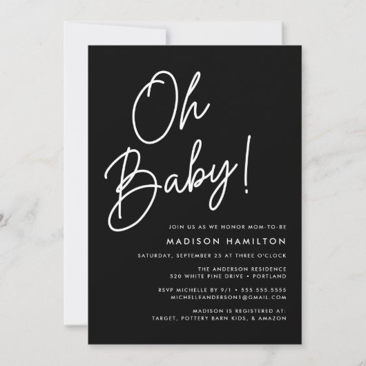 Oh Baby Script Black Minimalistisch Baby Dusche Einladung (Vorderseite)
