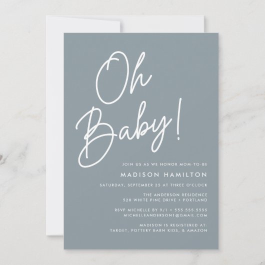 Oh Baby Script Dusty Blue Foto Baby Dusche Einladung (Vorderseite)