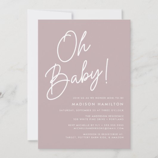 Oh Baby Script Dusty Lila Minimalistische Babydusc Einladung (Vorderseite)