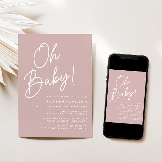 Oh Baby Script Dusty Rose Minimalistisch Baby Dusc Einladung