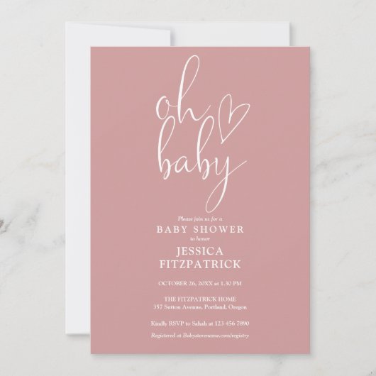 Oh Baby Script Dusty Rose Pink Girl Babydusche Einladung (Vorderseite)
