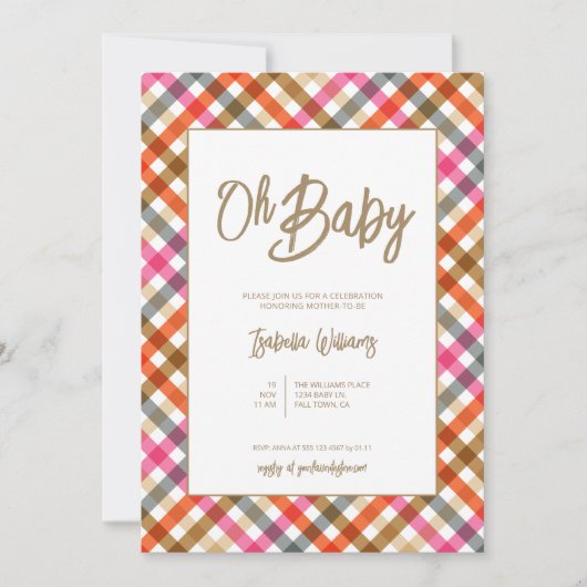 Oh Baby Script Gingham Baby Shower Einladung (Vorderseite)