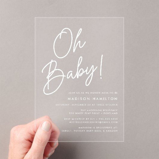 Oh Baby Script Minimalistisch Baby Dusche Acryleinladungen (Insitu (Handheld))