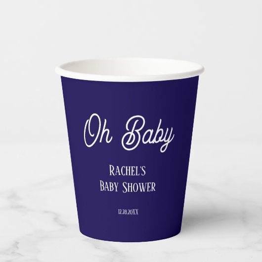 Oh Baby Script Navy Blue Boys Girls Baby Dusche Pappbecher (Vorderseite)