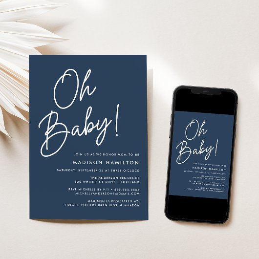 Oh Baby Script Navy Minimalistisch Baby Dusche Einladung