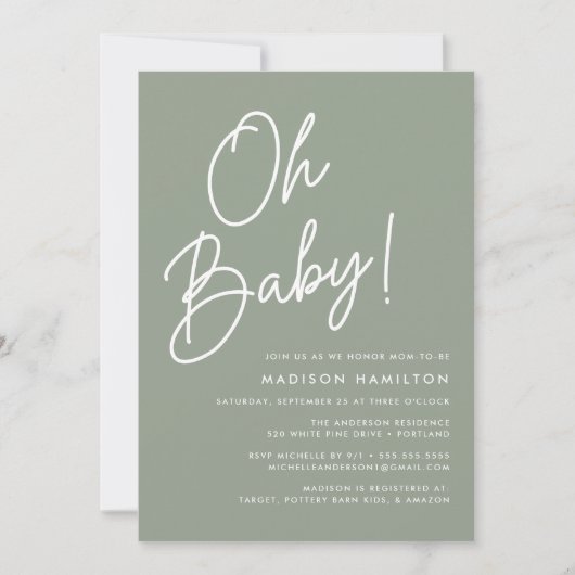 Oh Baby Script Sage Green Foto Babydusche Einladung (Vorderseite)