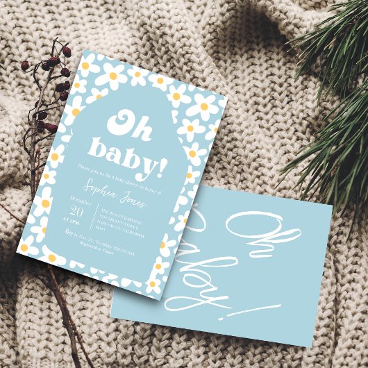 Oh Baby Shower | Blue Retro Daisy 70er Einladung