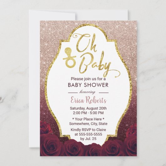 Oh Baby Shower Burgundy & Rose Gold Ombre Glitzer Einladung (Vorderseite)