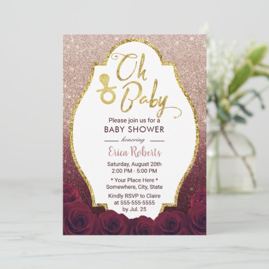 Oh Baby Shower Burgundy & Rose Gold Ombre Glitzer Einladung (Stehend Vorderseite)