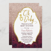 Oh Baby Shower Burgundy & Rose Gold Ombre Glitzer Einladung (Vorne/Hinten)