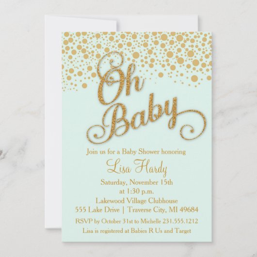 Oh Baby Shower Einladung | Minze und Gold-Glitzer (Vorderseite)