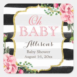 Oh Baby Shower Romantische rosa florale Goldstreif Quadratischer Aufkleber