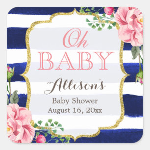 Oh Baby Shower Süße Rosa Florale Navy Blau Streife Quadratischer Aufkleber