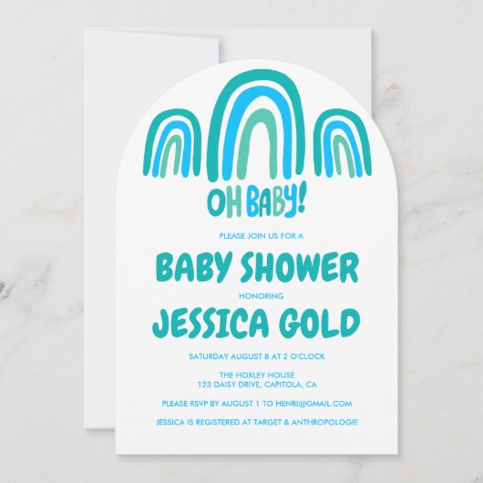 OH BABY SHOWER Sweet Blue Rainbow CUSTOM Arch Einladung (Vorderseite)